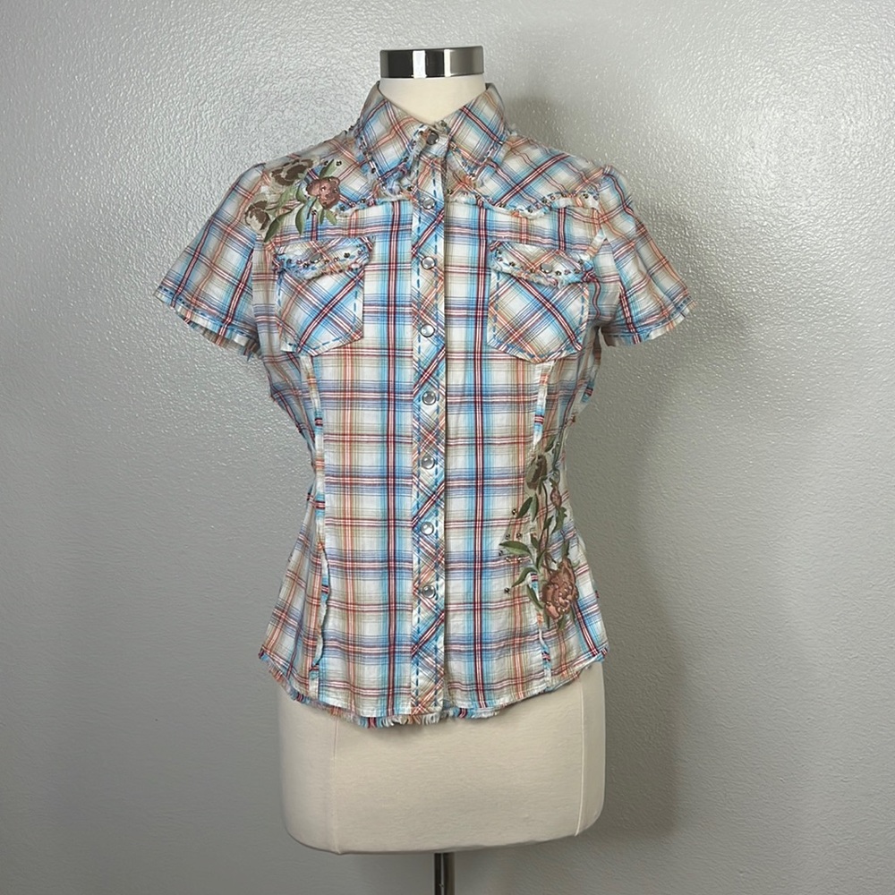 Miss Me Floral Boot Embroidered Plaid Pearl Snap Western Shirt large junior